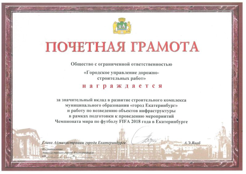 Почетная грамота за вклад в рамках подготовки к ЧМ FIFA 2018